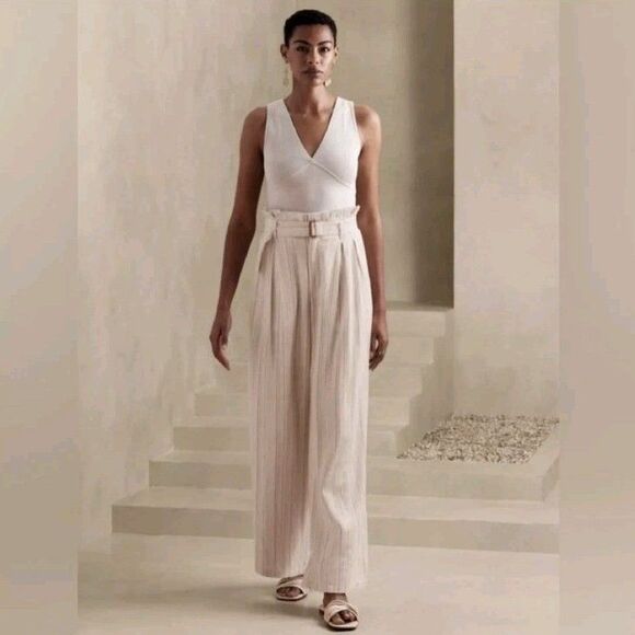 NWT Banana Republic Sz 12 Wide Leg Pleated Linen Blend Paperbag High Rise Pants - Picture 1 of 15